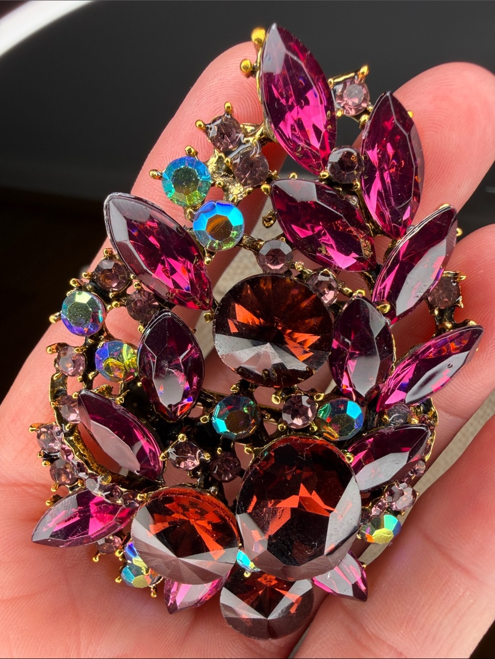 Women’s Pink Crystal Floral Statement Brooch - Picture 2 of 3